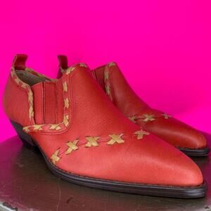 Sabree Joan Red Tan Leather Woven Detail Western Ankle Bootie Sz 7